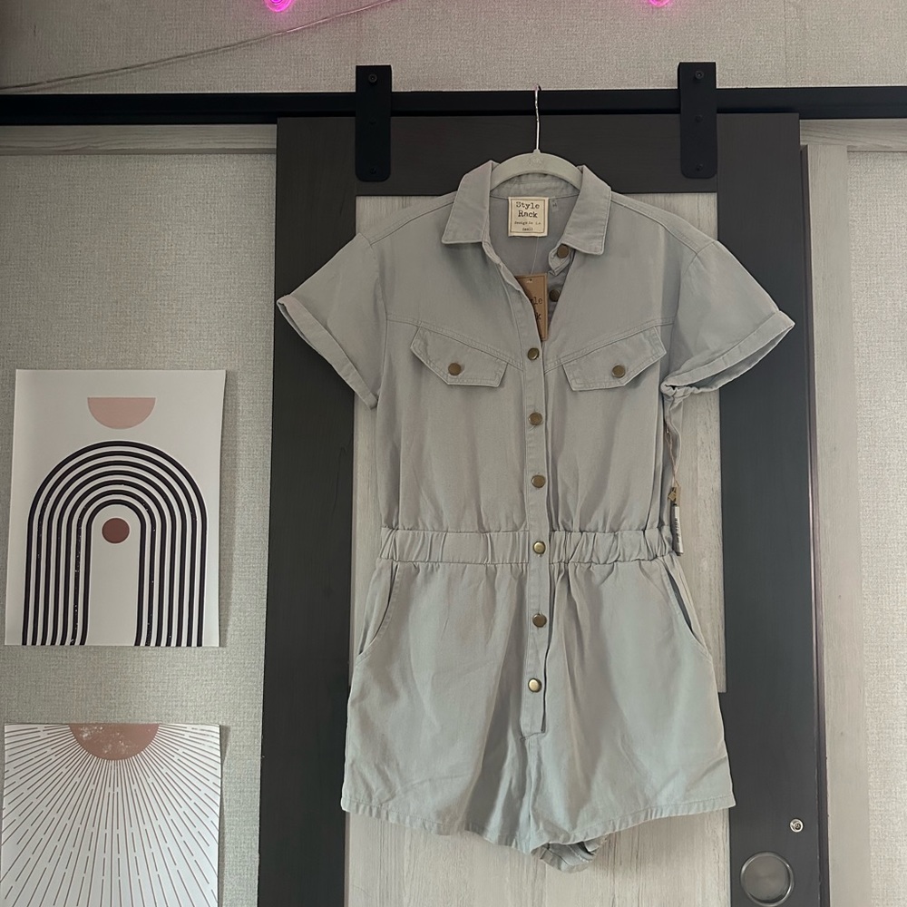 Blue/Grey Button Up Shorts Romper